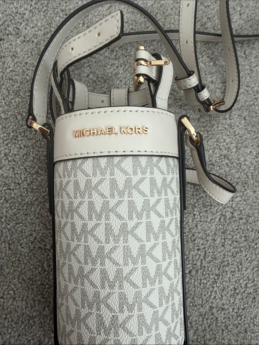 Michael Kors White and Light Gray MK Monogram Crossbody Bottle Holder - Picture 7 of 7